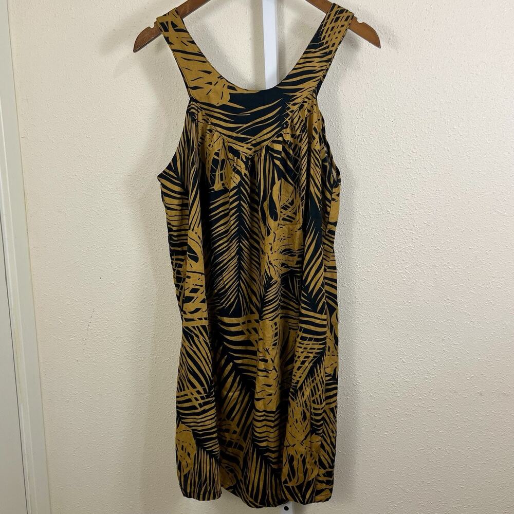 Hula Bay Tropical Palm Leaf Cold Shoulder Midi Dress Womens L 14 Hawaiian Beach